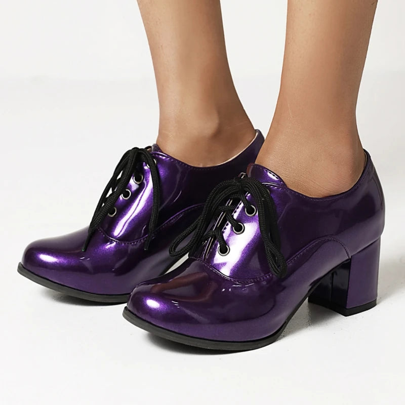 Women's Purple High Heels Loafer Shoes Fashion Lace-up Black White Block Heeled Party Wedding Office Shoes Female Big Size 45