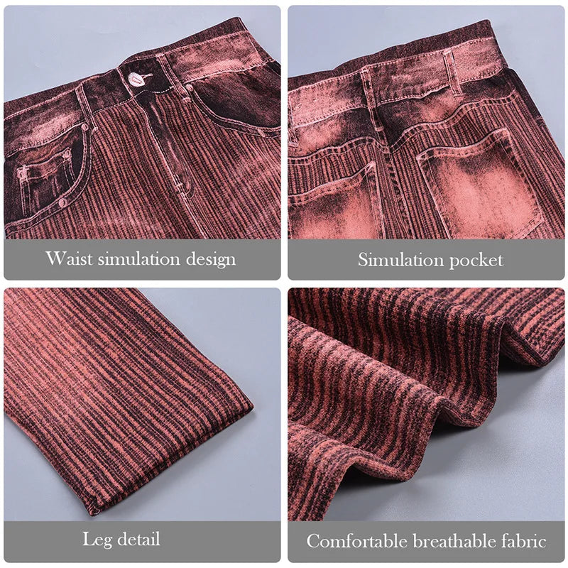 1pcs Womens Denim Print Leggings Female Fashion Slim Leggings Faux Jeans Leggings Lady Stretch Printed Leggins Pants Capri Pants