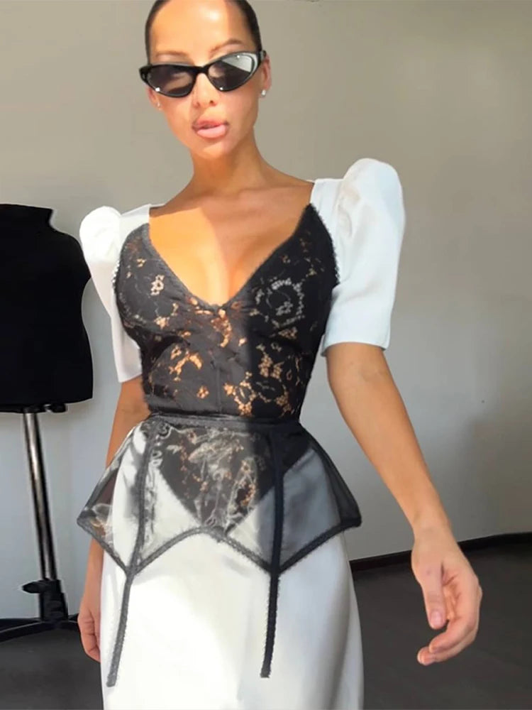 Lace Trim Satin Peplum Midi Dress Deep V-Neck Puff Sleeve A-Line 2026 Spring Summer Chic Elegant Romantic Women Cocktail Dress