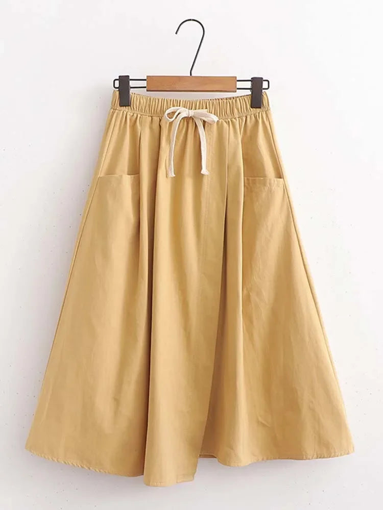 Elegant Vintage Women Skirt Summer Korean Style Solid Elastic High Waist Midi Long Skirt With Belt Female Office Ladies Wear