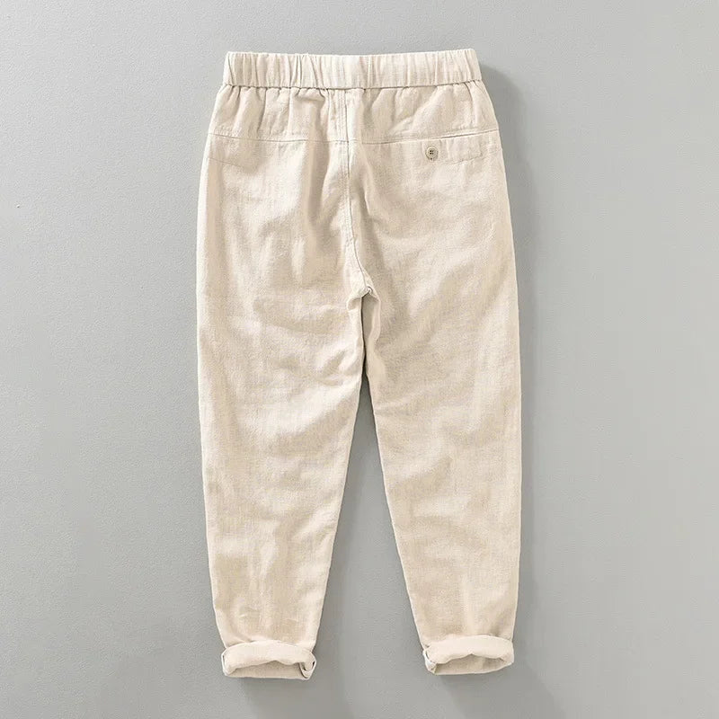 Men's Casual Harem Pants: Ankle-Length Linen Trousers in Vintage White, Brown, and Khaki - Breathable and Pleated for Comfort