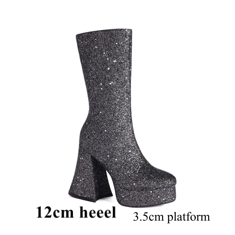 Ochanmeb Women Gold Sequins Boots Platforms Super High Chunky Heels Pink Mid-Calf Boots Gothic Zipper Woman Silver Glitter Shoes