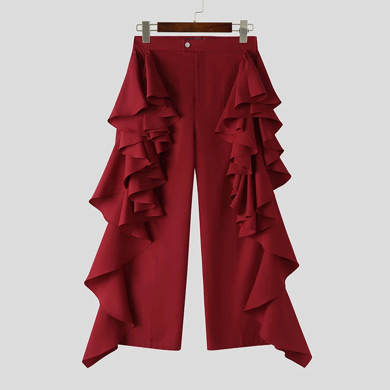 INCERUN 2025 American Style Trousers Fashion New Men Double-layer Flounce Pants Male Casual Solid Color Wide Leg Pantalons S-5XL