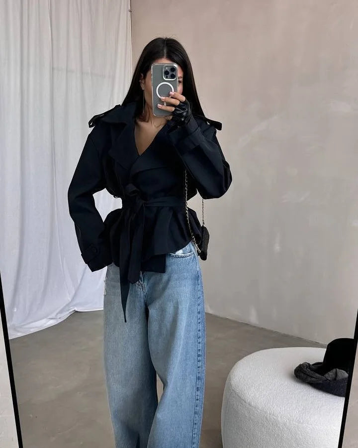 Lace Up Cropped Trench Coat Fashion Women Lapel Long Sleeves Wide Shoulder Windbreaker Jacket Lady 2026 Spring Commuting Outwear