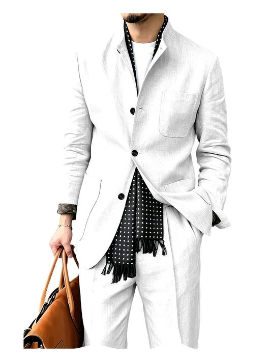Men's Linen Suits Three Button Blend Casual Blazer Pants 2 Piece Suit Set Stand Collar Breathable For Business Daily Wear Summer