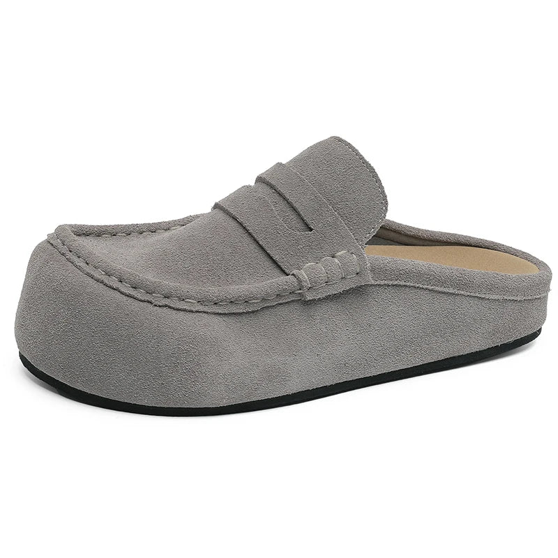 Suede Leather Open Back Casual Shoes Mules Men Backless Loafers Slippers Half Shoes Slip On Flats Vintage Man Slides Sandals