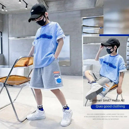 Boys Loose Casual Sets Summer Teen Gradient T-shirts+Shorts 2Pcs Big Kids Sport Short Sleeve Clothes Suits Children Print Outfit