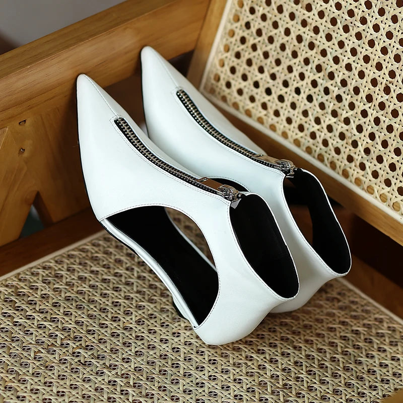 Original Design 2025 Spring Leather Women's Casual Black White Summer Boots Trendy Fashion Boots High Heels Zipper Shoes Woman