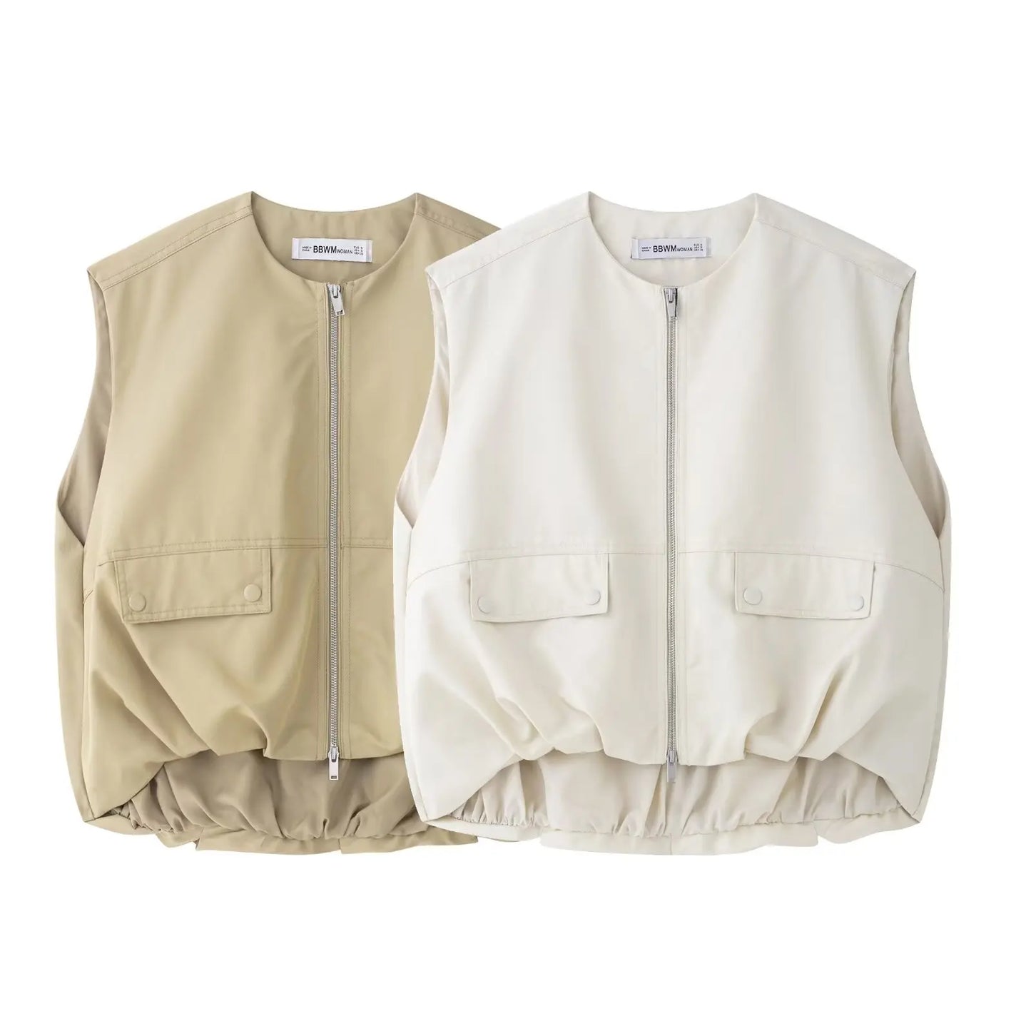 HH Women's New Fashion Versatile Round Neck Sleeveless Double Zipper Vest Female High Street Pleated Hem Loose Casual Vest