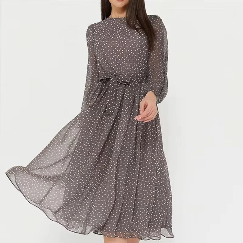 Spring and Summer Chiffon Dress Long Sleeved Solid Color Polka Dot Dress Elegant Lantern Sleeve Round Neck High Waisted Dresses