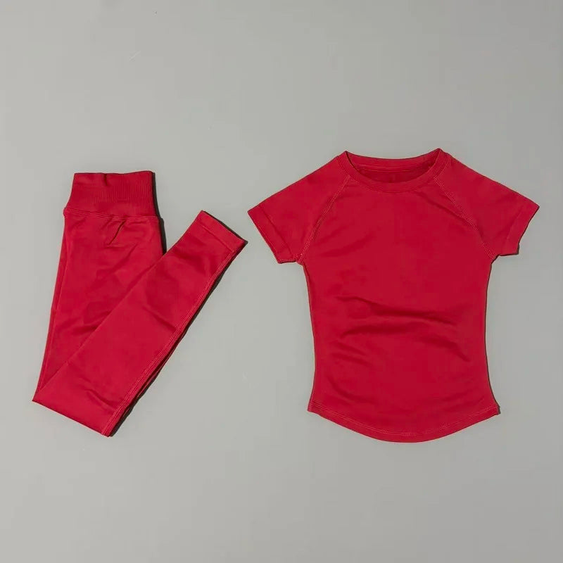 2 Pieces HISTELLO Yoga Set Women Short Sleeve Crop Top Low Waist Butt Lifter Leggings Seamless Breathable Stretch Fitness Sets
