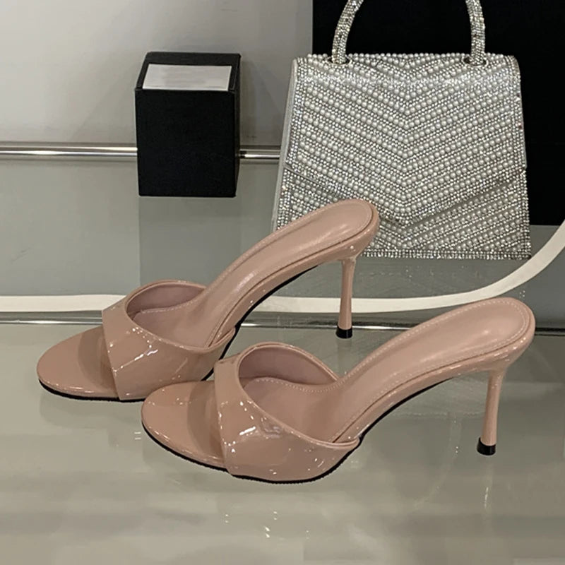 Liyke White Patent Leather Women Slippers Sandals Fashion Round Open Toe Thin High Heels Mules Slides Summer Party Dress Shoes