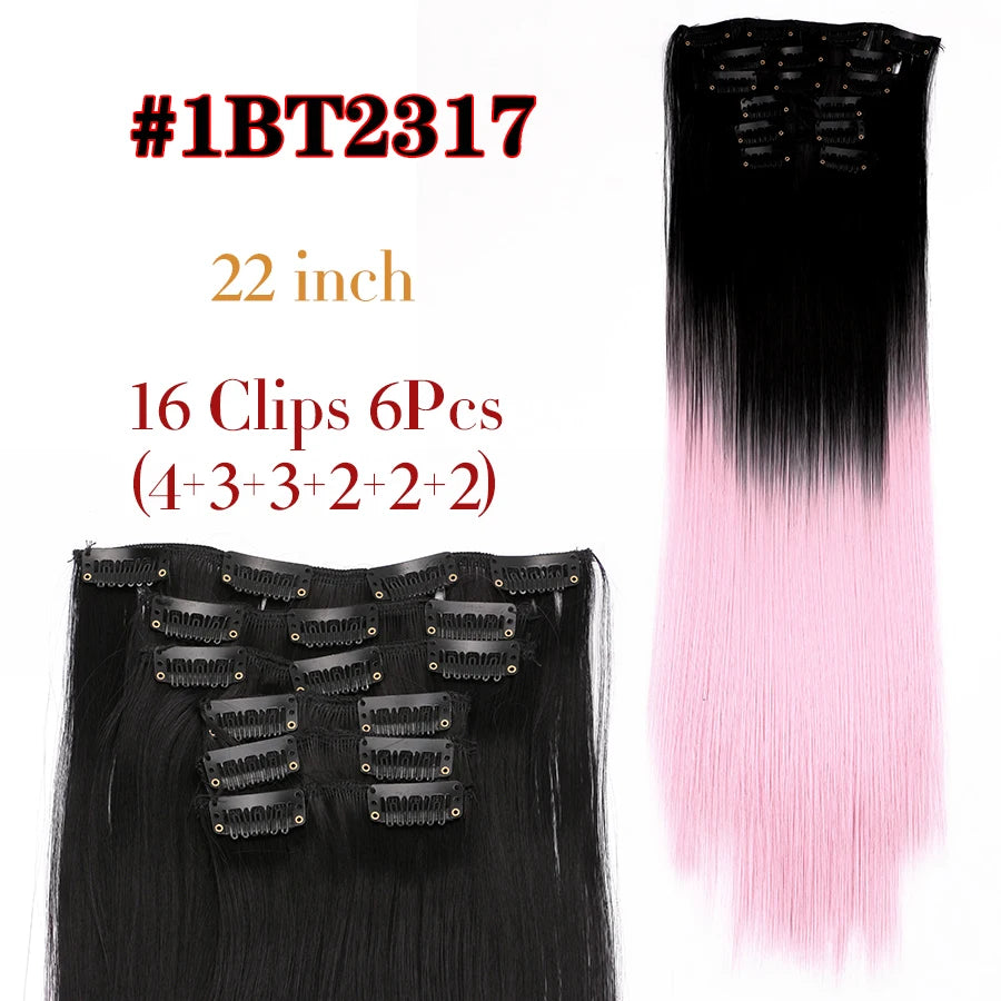 22 Inches Synthetic Long Straight Hairstyle 16 Clips 6Pcs/Set Hair Extensions Blonde Black Hairpieces Heat Resistant For Women