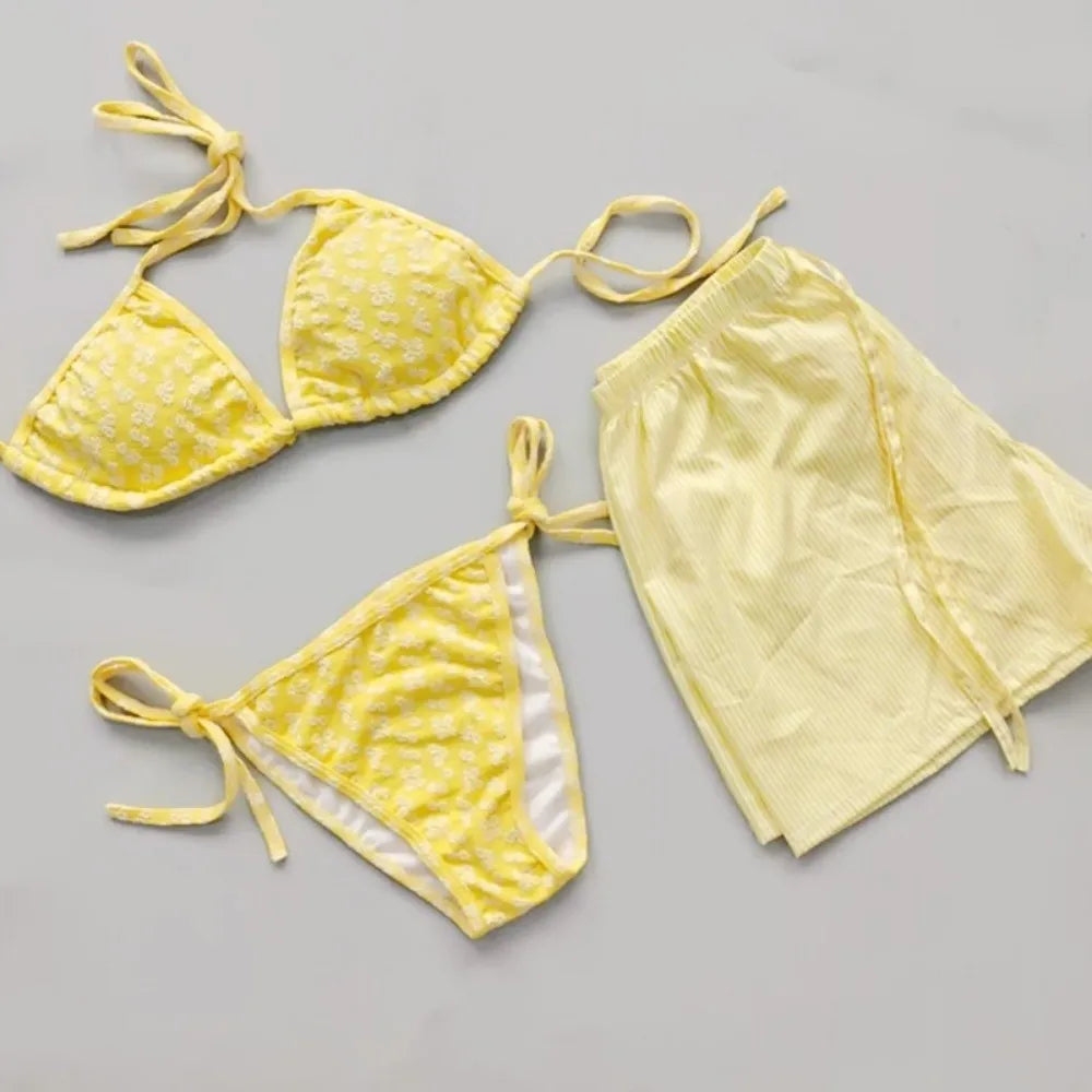 Casual Lace-up Women's Swimwear Set Mesh Transparent Beachwear 4Pieces Bikini Swimsuit Sun Protection Loose Bathing Suit Party