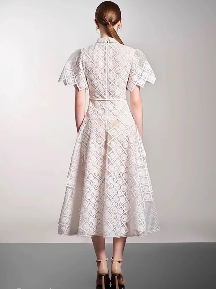 QMQA Fashion Women's Evening Dress Lapel Short Sleeve Lace Patchwork 3D Flower Lace-up Elegant Dresses Spring 2025 New QM269