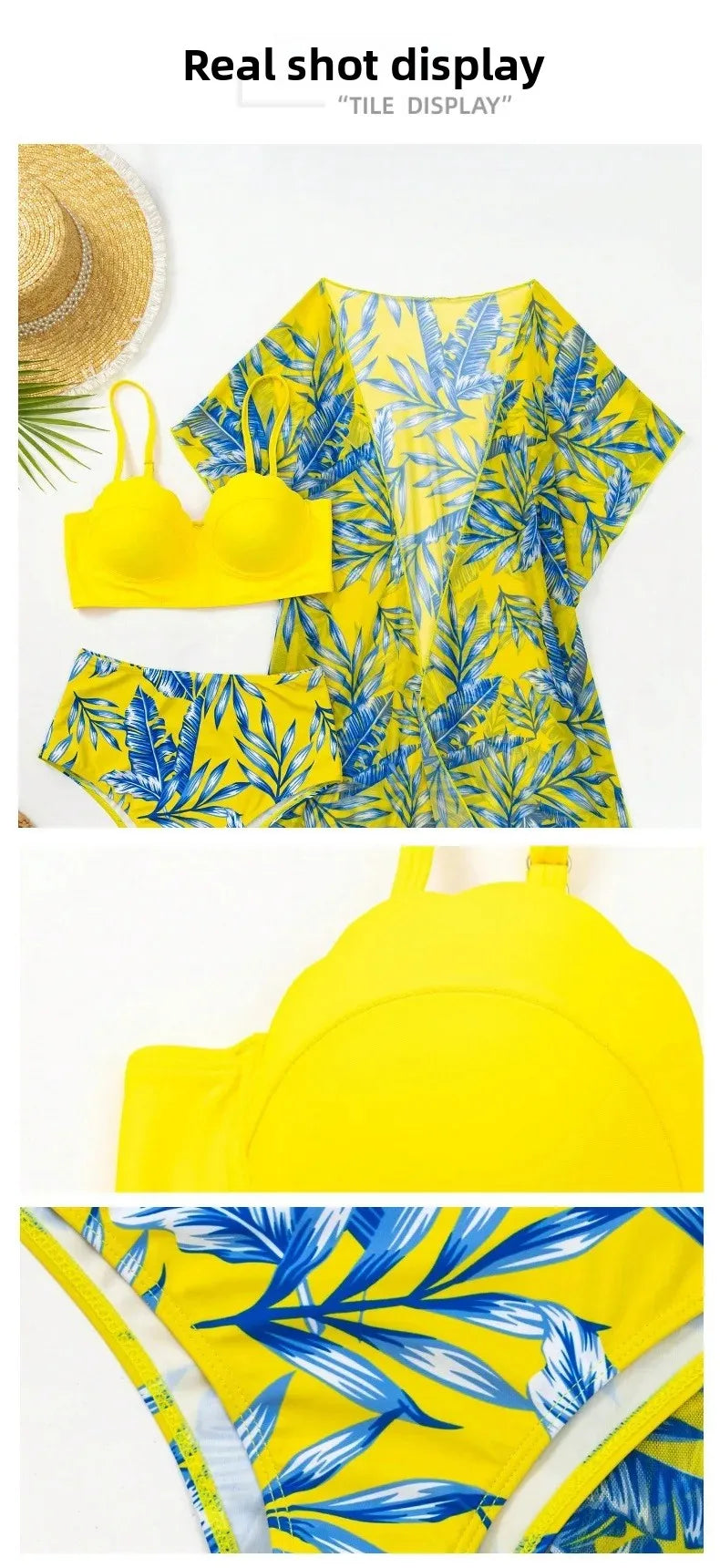 High Waist Leaf Print Bikini Swimsuit with Net Cover up Slimming Design Cross-Border New Style Women's Fashion Swimwear