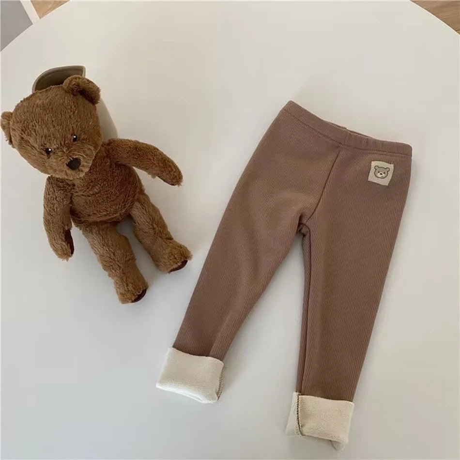 Plush Pants for Kids 1-8 Years Soft Warm Solid Color with Animal Cartoons Stretchy Comfy Winter Trousers for Boys and Girls