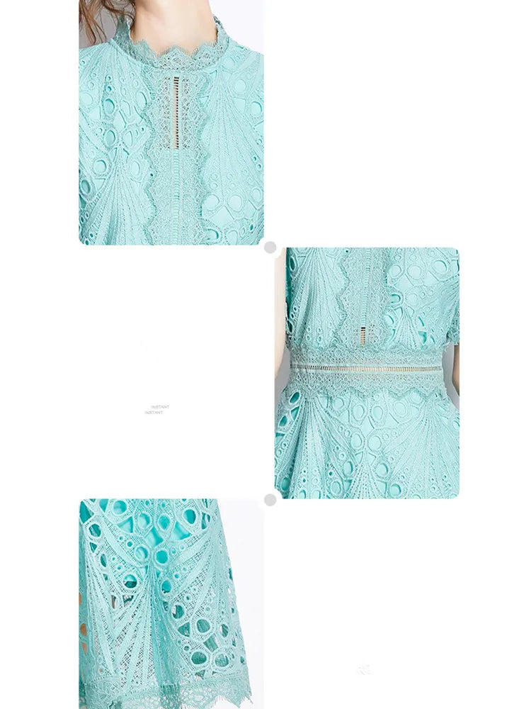 SMTHMA Vintage High-End O-Neck Short Sleeve Lace Hollow Out Dress For Women's Summer Slim Elegant Long Dress Female Clothing