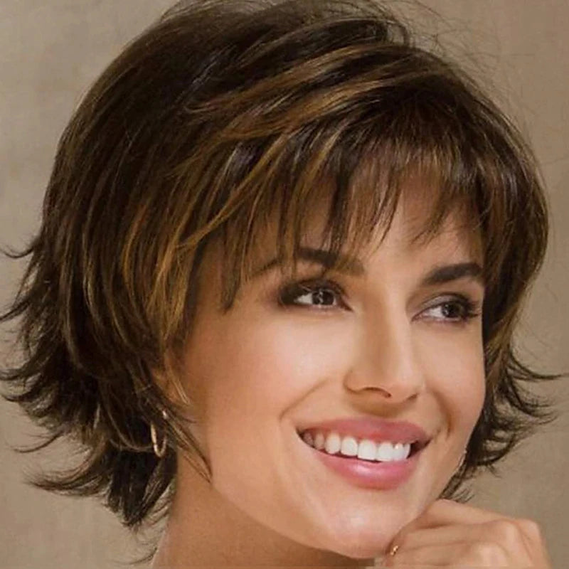 HAIRJOY Synthetic Hair Short Curly Brown Mixed Blonde Highlight Wigs with Bangs for White Women