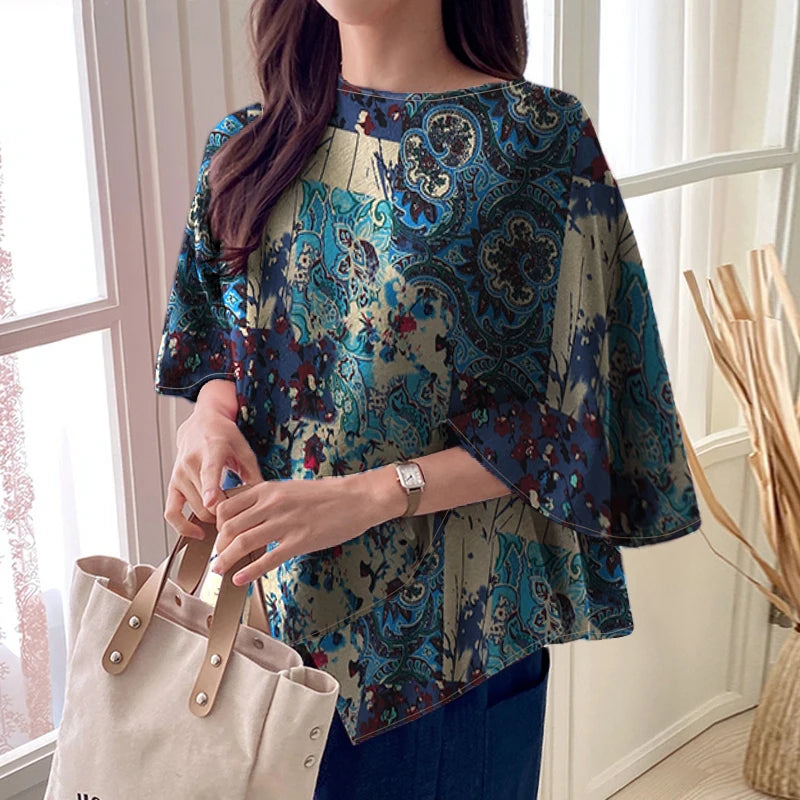 ZANZEA Women Fashion Blouse Chic 3/4 Sleeve Ruffle Hem Top Shirt 2025 Summer Round Neck Loose Blusa Elegant Irregular Work Tunic