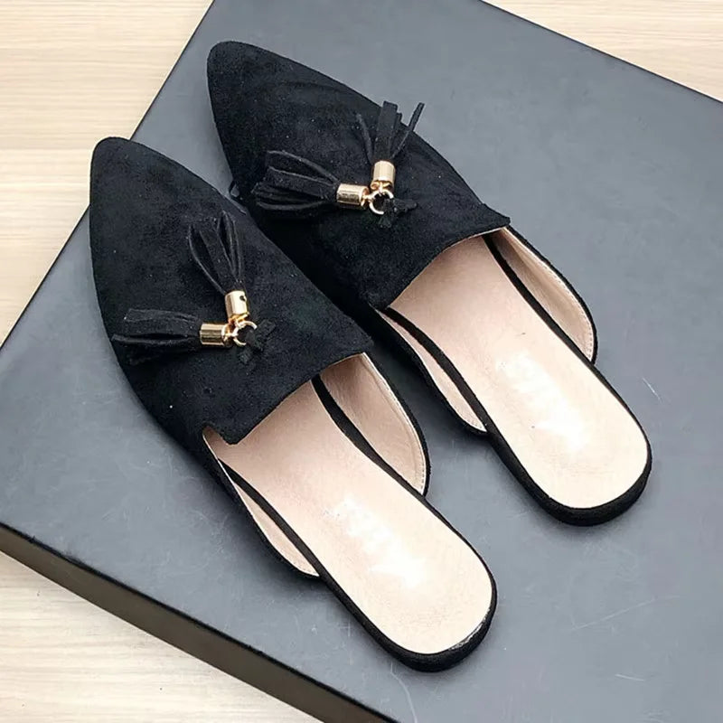 Women Metal Fringe Slippers Flock Shoes Front Closed Toe Khaki Purple Slide For Small And Wide Feet 44-33 22cm Comfortable Tacon