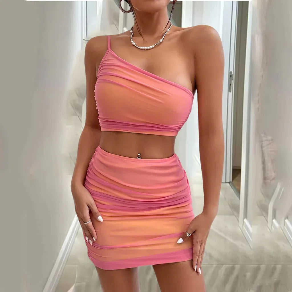 Sexy Vrouwen Netting 2 Stuk Mode Outfits Onregelmatige Schuine Schouder Crop Tops Met Mini Rokken Set Kleding