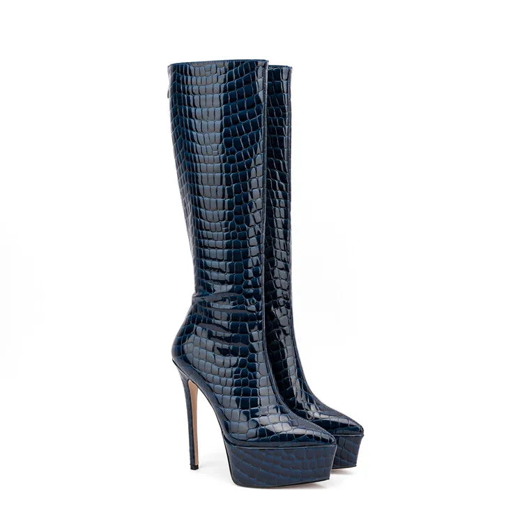New Women Knee High Boots Patent Leather Pointed 15cm High Heels Winter Short Plush Waterproof Platform Girl Boots Large 34-45