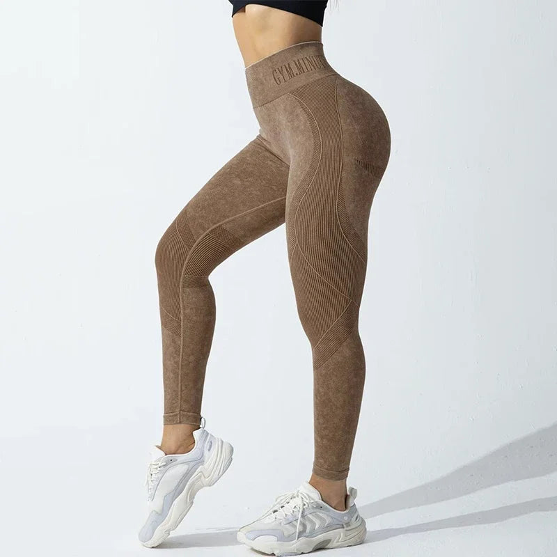 Women Seamless Gym High Waist Yoga Pants Hip Lifting Outdoor Sports Tight Waist Letter Sand Washed Pants Exercise Yoga Leggings
