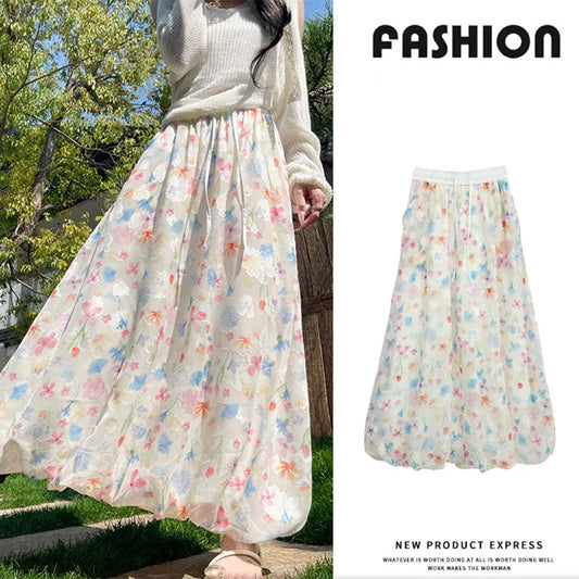 Sweet Floral Printing Chiffon Skirts Women Summer High Waisted Long Flower Bun Skirts Woman Korean Chic Loose Fairy Maxi Skirt