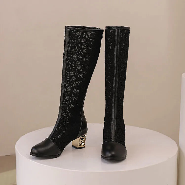 Vintage Hollow Embroider Mesh Surface Knee Length Women's Boot  5.5cm Thick Heel Fashion Women's Boot 34-47 Summer Cool Boots