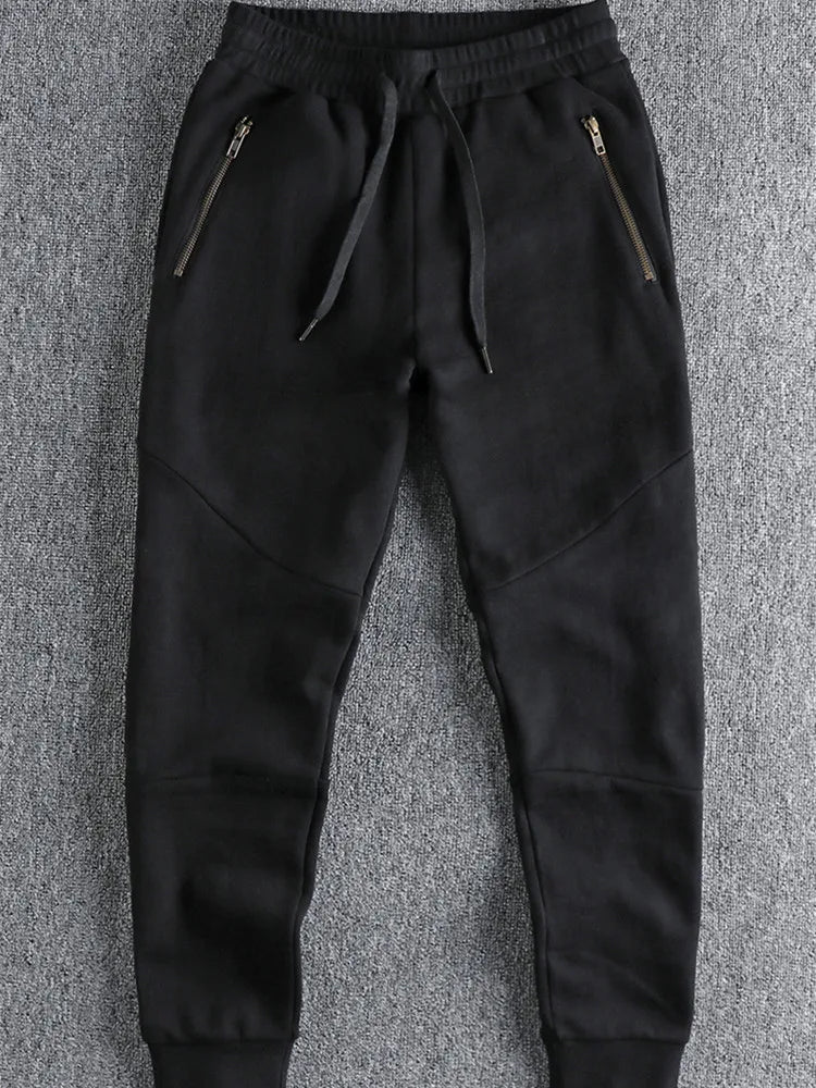 Autumn Winter American Retro Thick Sweatpants With Velvet Men's Pure Cotton Washed Heavyweight Knitted Sports Ankle-tied Pants