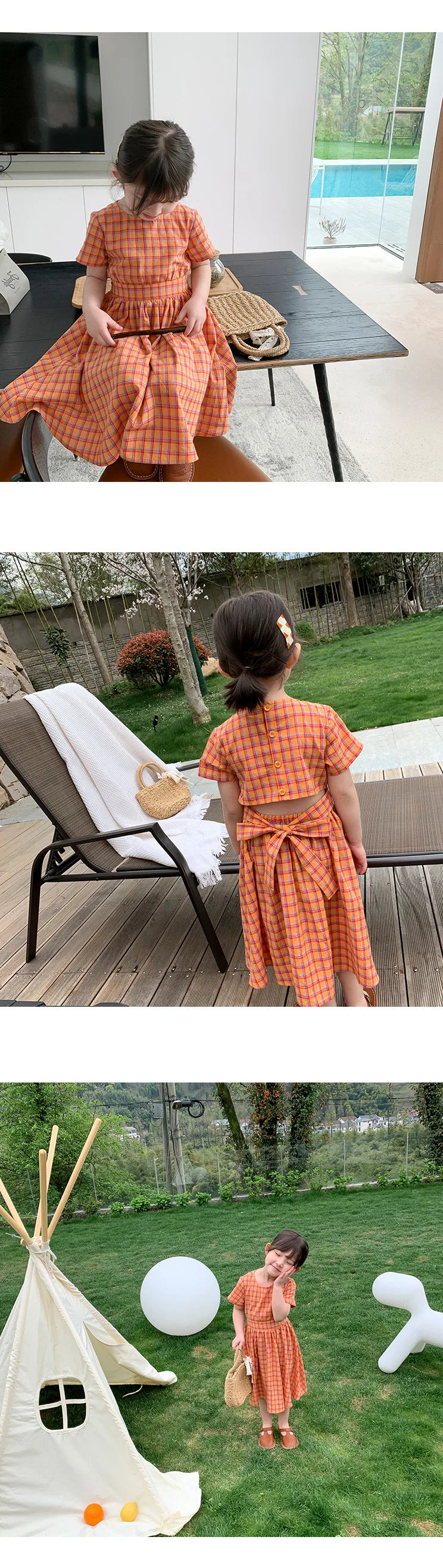 Summer Casual Baby and Girls Cotton Plaid Single-Breasted Short-Sleeved Lace Up Back Dress Kids Lovely Outfit Clothing 2-8 Years