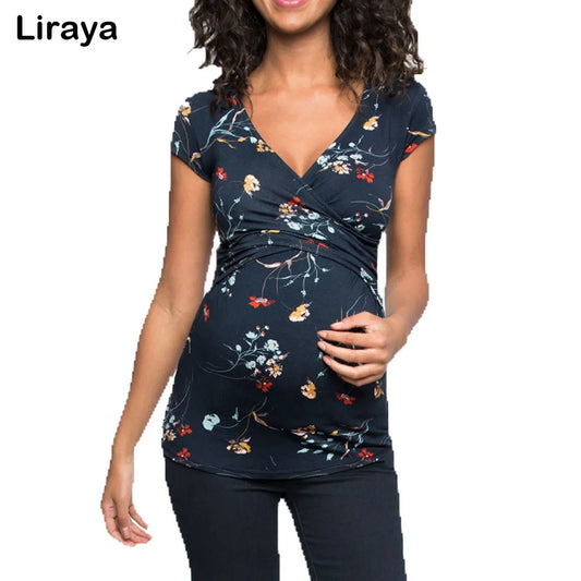 Womens Maternity Clothes Breastfeeding Clothing Short Sleeve Pregnant Clothes Pleated Side Open Pregnancy T-Shirt Top
