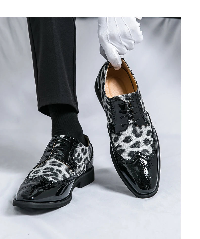 2025 Fashion Leopard Dress Shoes Man Pointed-Toe Lace-up Luxury Man Comfortable Leather Shoes For Men Plus Size 48 Oxford shoes