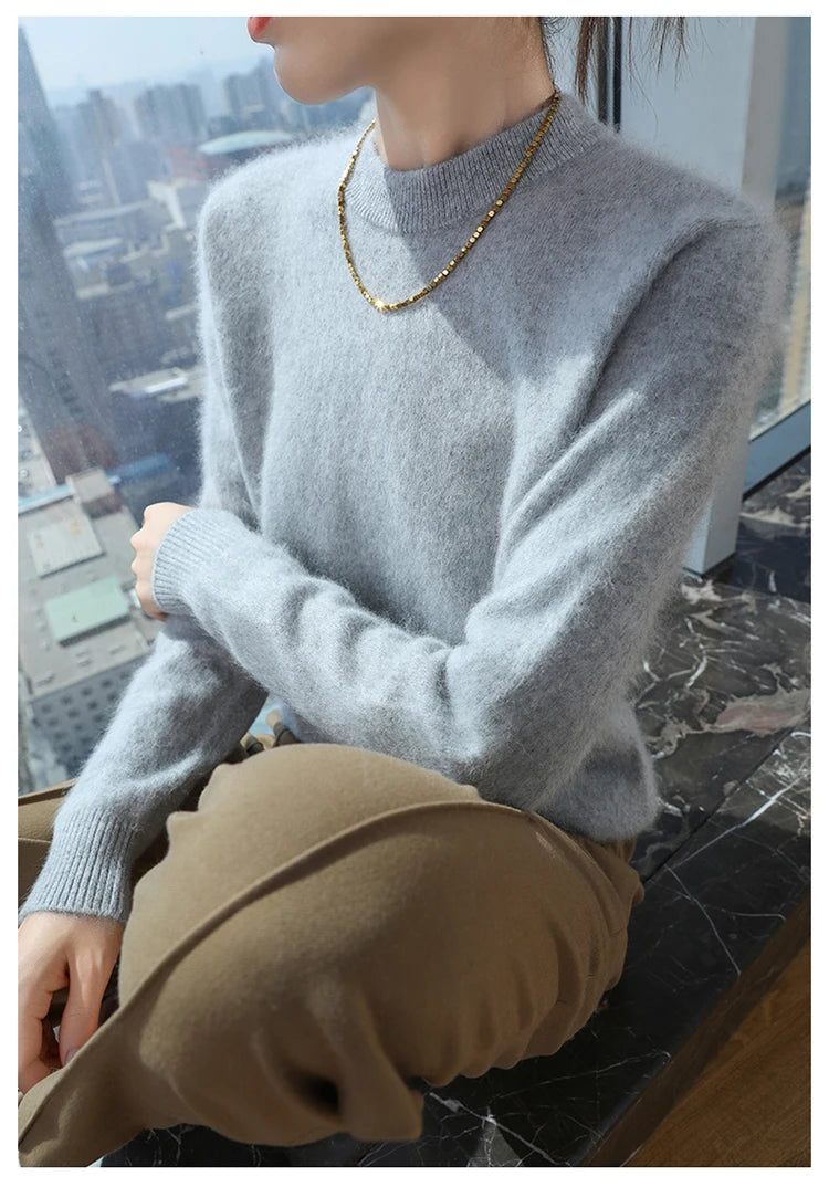 Autumn and winter women's semi high neck pullover sweater solid color knitted slim fit women's 100 mink cashmere sweater new sty