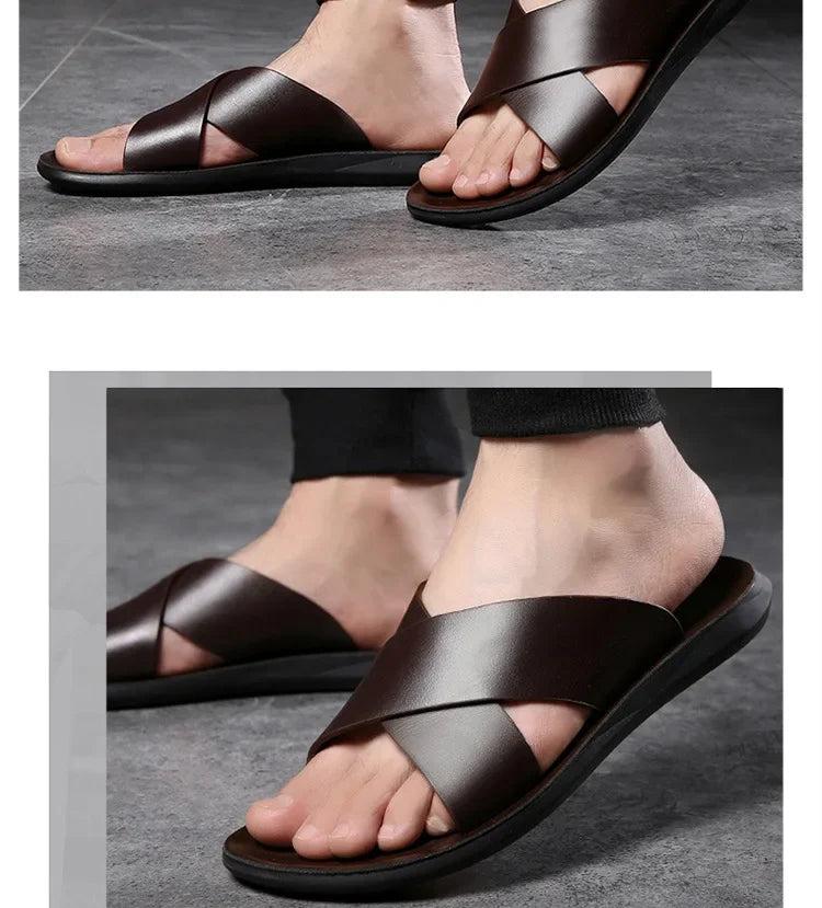 Men Sandals Slippers Genuine Leather Luxury Fashion New Men's Flat Shoes Casual Non-Slip Beach Sandals For Men Zapatos Hombre