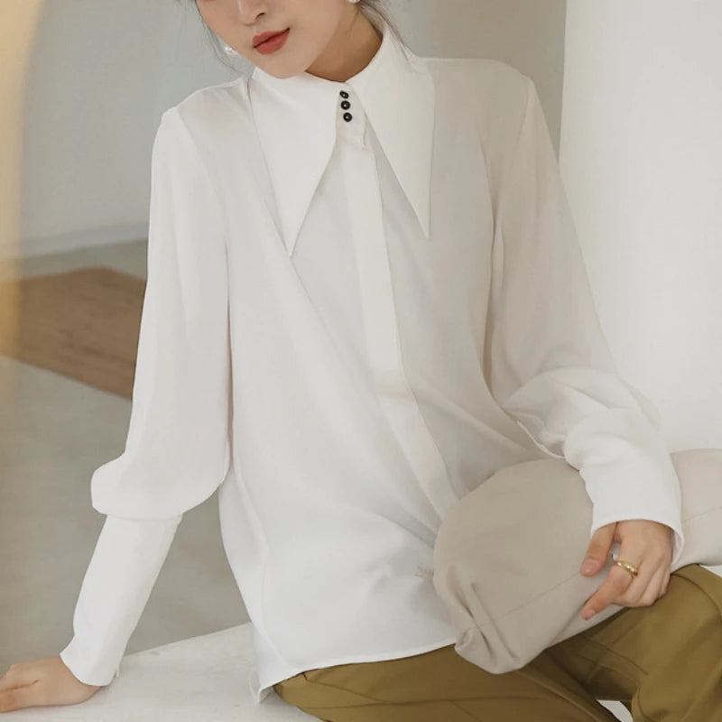 Stylish Elegant Turn Down Collar White Long Sleeve Satin Shirts Fashion Woman Vintage Blouse 2024 Office Lady Tops Blusas 16946
