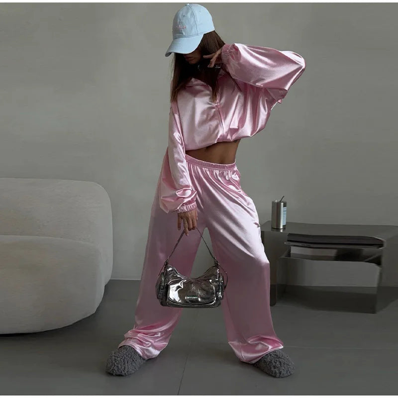 2026 Spring Satin Embroidered Zip-Up Jacket Wide Leg Pants Set Oversized Slouchy Women 2 Pcs Outfit Cool Lady Co-ord Streetwear