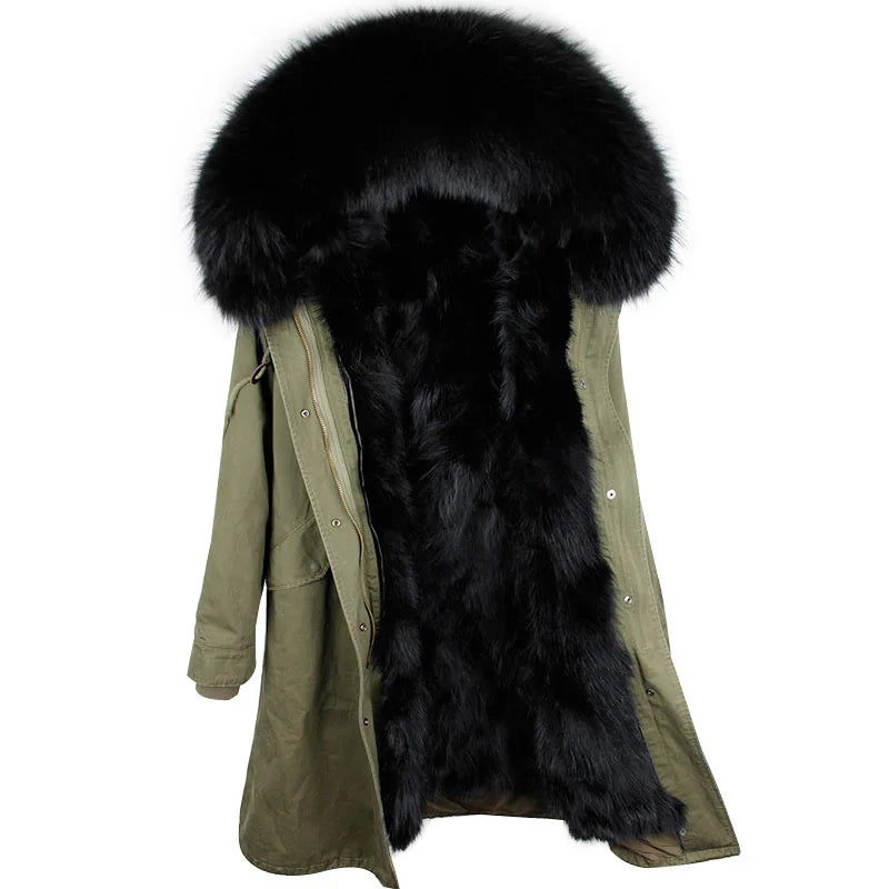 Maomaokong Winter Woman Natural Fur Overcoat Plus Size Black Parkas Raccoon Real Fur Lining Extra Larg Warm Jacket Coats Long