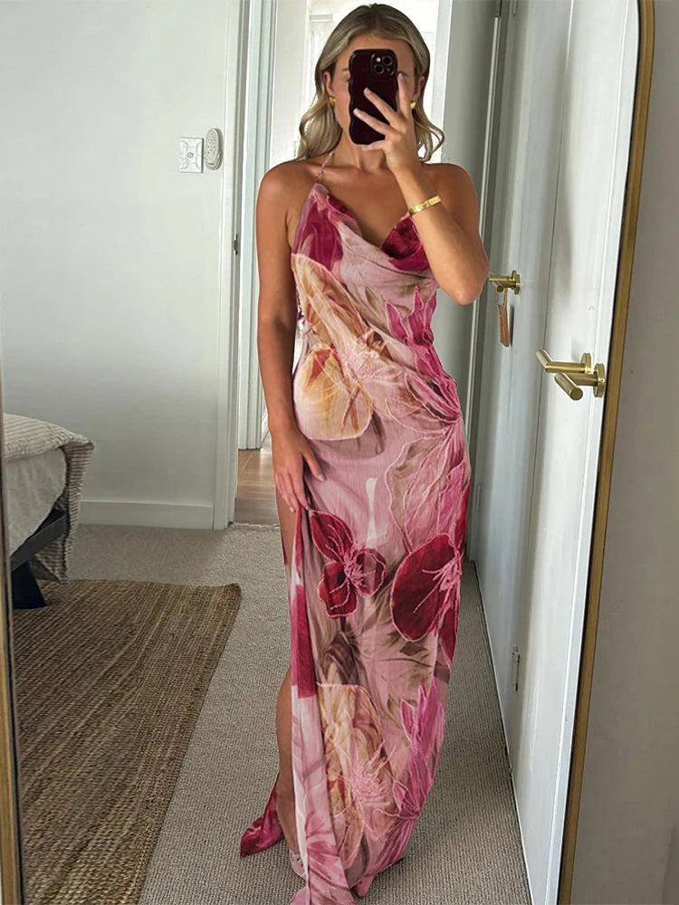 kliou Floral Print Women Dress Vacation Beach Style Suspendency Backless Halter Split Thin Vestidos Female Trend Attractive Wear