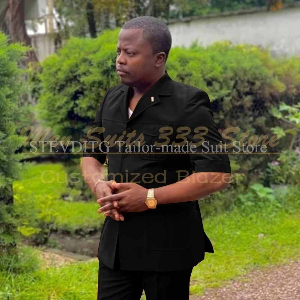 Safari Men Suits with Short Sleeve 2 Pieces Single Breasted Stand Notch Lapel African Fashion Style Set Jacket Pants