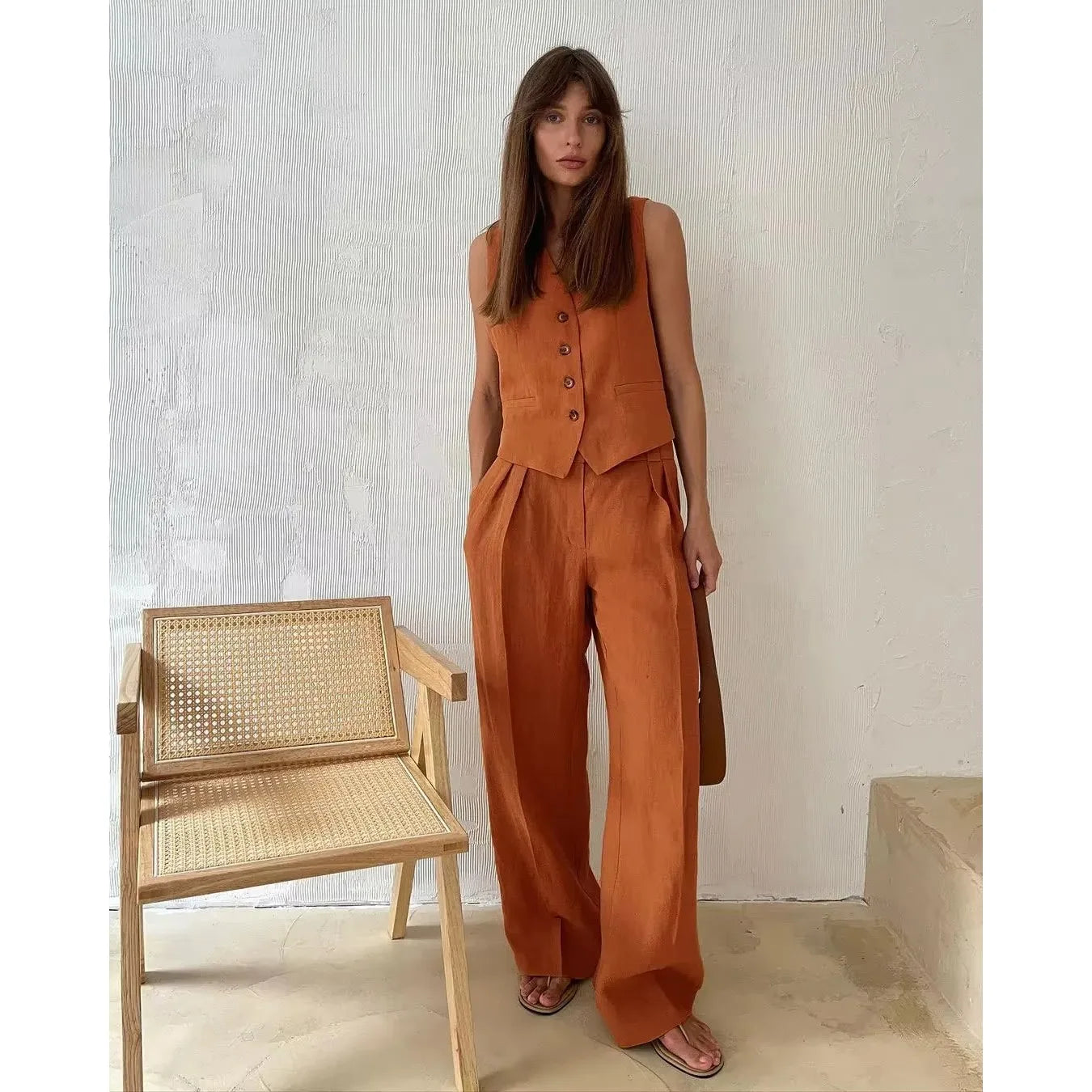 Sleeveless Vest Jacket Top Casual Pants Two-piece Set For Women's Wide Leg Pant Sets Sexy Summer Boho Cotton Linen Ladies Suits