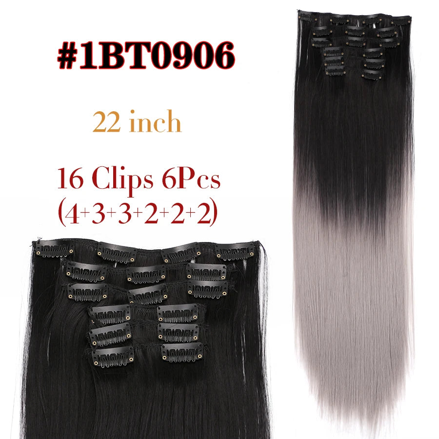 22 Inches Synthetic Long Straight Hairstyle 16 Clips 6Pcs/Set Hair Extensions Blonde Black Hairpieces Heat Resistant For Women
