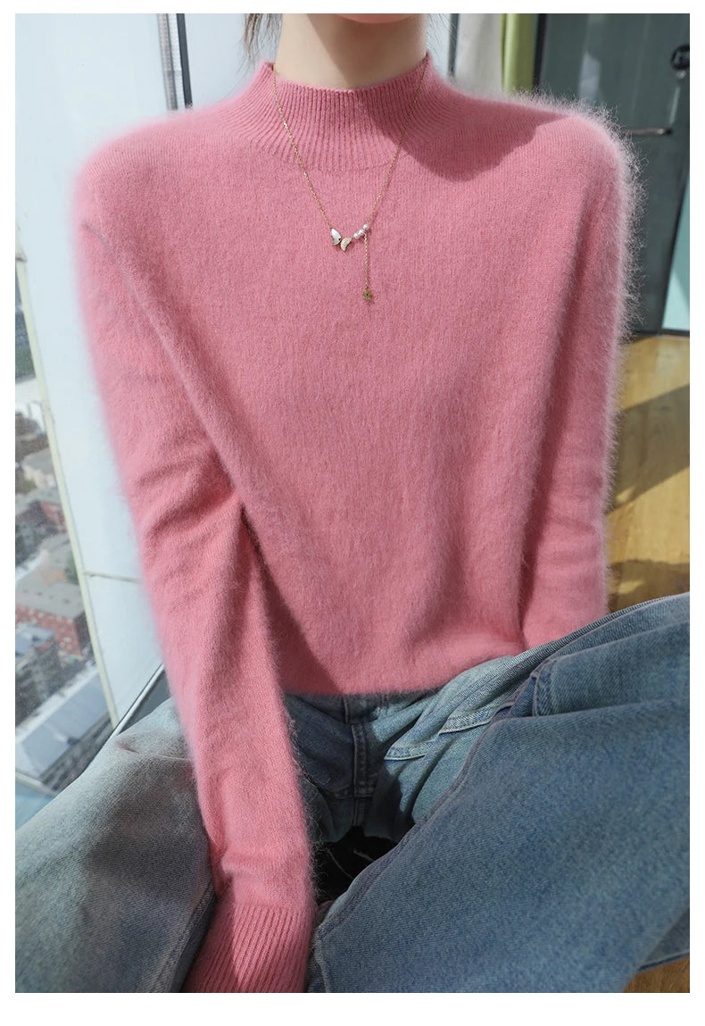 2024 Autumn And Winter New Women's Semi High Neck New Fashion Mink Sweater Long Sleeved Loose Sweater Slimming Knit Sweater Base
