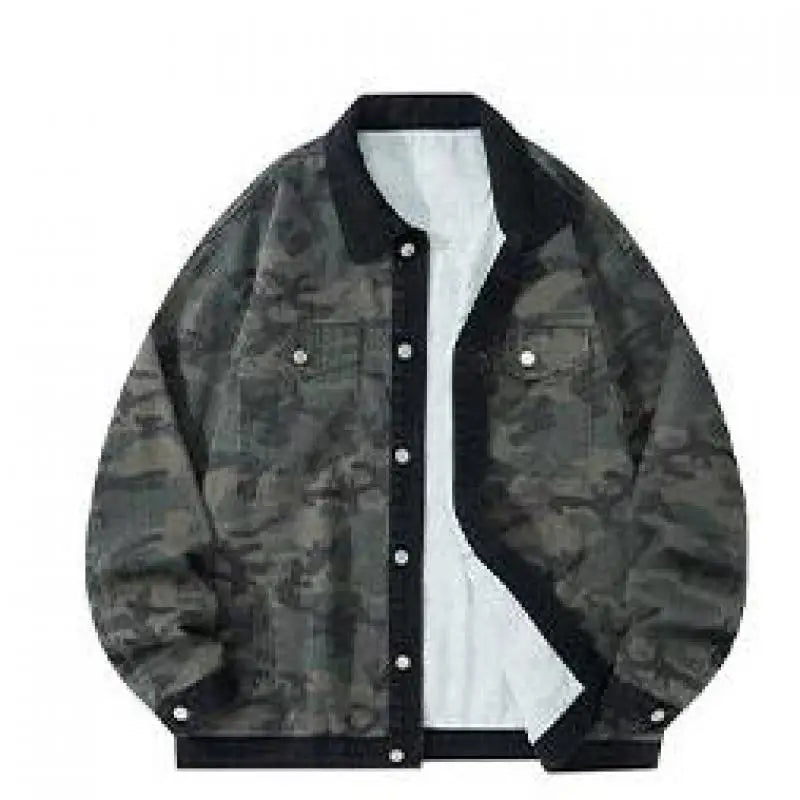 Men's Camouflage Denim Jacket Autumn Washed Turn down Collar Single-Breasted Long Sleeve Loose Fit Vintage Workwear Street Style