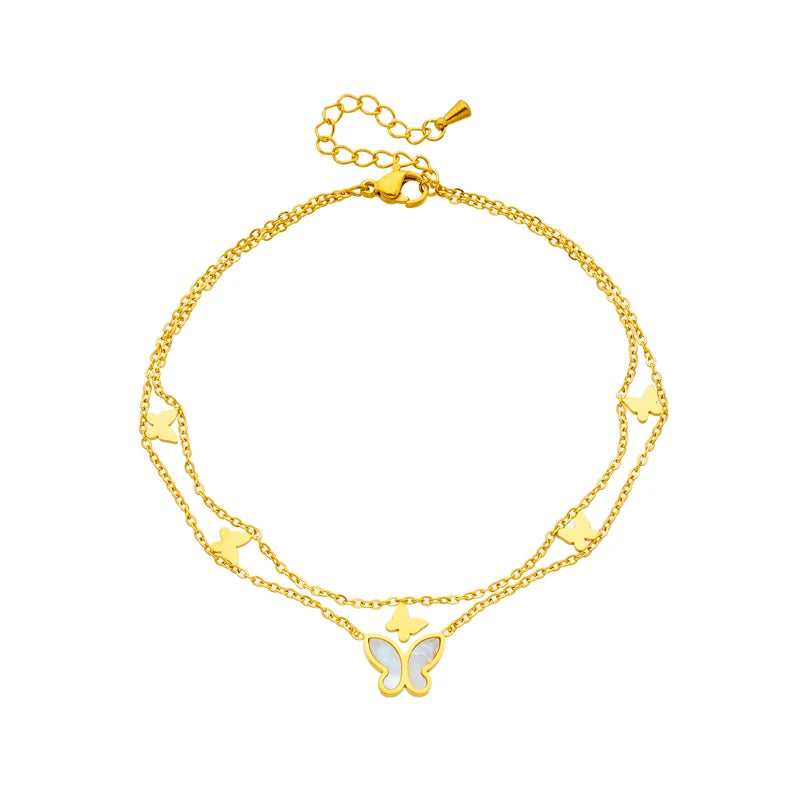 DIEYURO 316L Stainless Steel 2-Layer Butterfly Charm Anklets For Women Girl New Fashion Leg Chain Non-fading Jewelry Gift Party