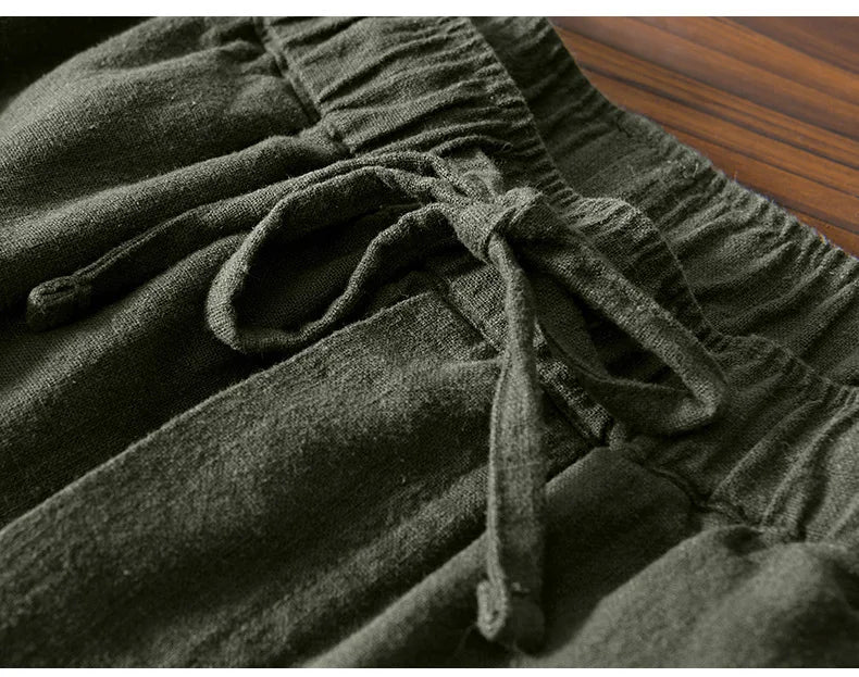 70% Linen,30% Cotton Men's Drawstring Elastic Waist Casual Pants, Straight Loose Ramie Trousers, Camping Fishing Comfortable