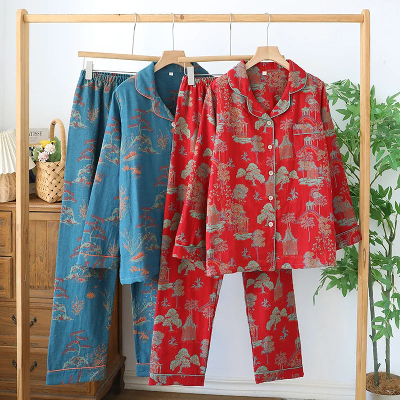 Cotton Jacquard Women's Pajamas Set for Spring and Autumn Retro Color Woven Home Clothes Long Sleeved Pyjamas Women