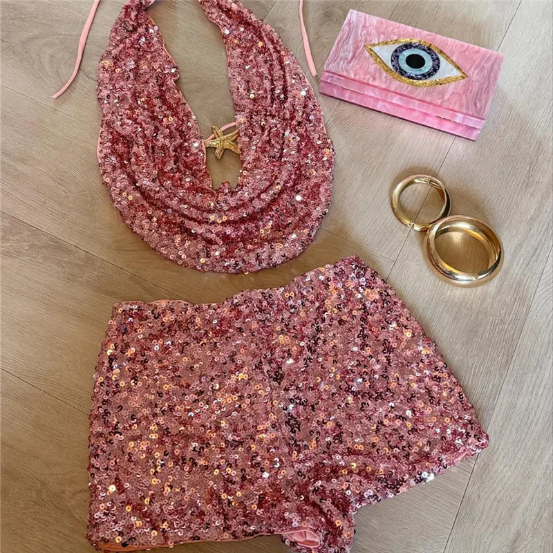 Women Sequin Skirt Set Sparkly Halter Back Sleeveless Top for Women Bodycon Mini Dance Shorts Summer Coquette Club Party Rave