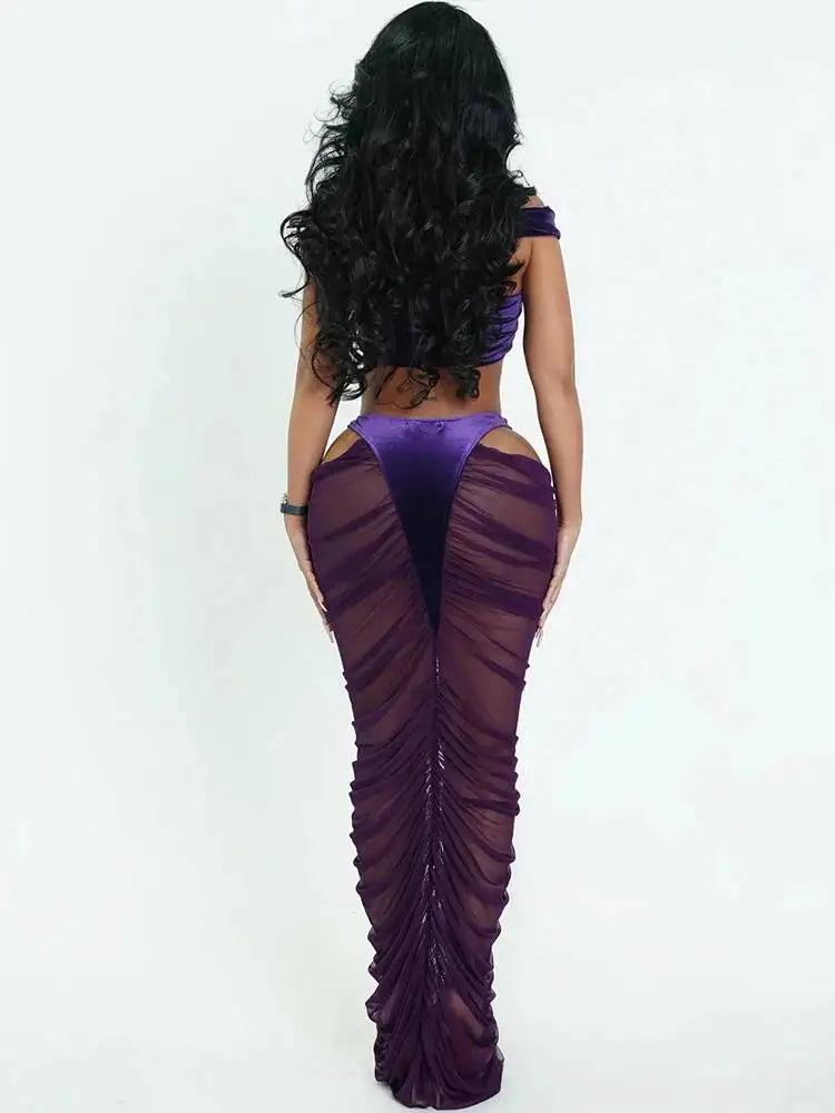 Sexy Fashion 2 Piece Set Woman Velvet Cross Kink Tank Tops+Hollow Design Ruched Long Skirts Club Party Coquette Outfits